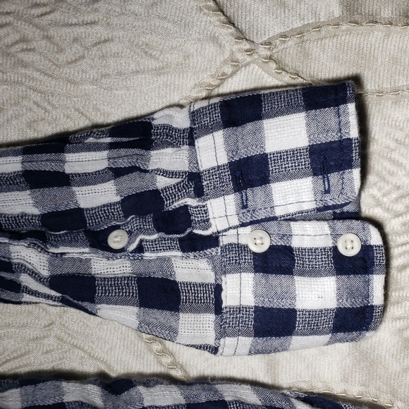 Gingham,women's blue and white button down shirt,size large. - Picture 7 of 8